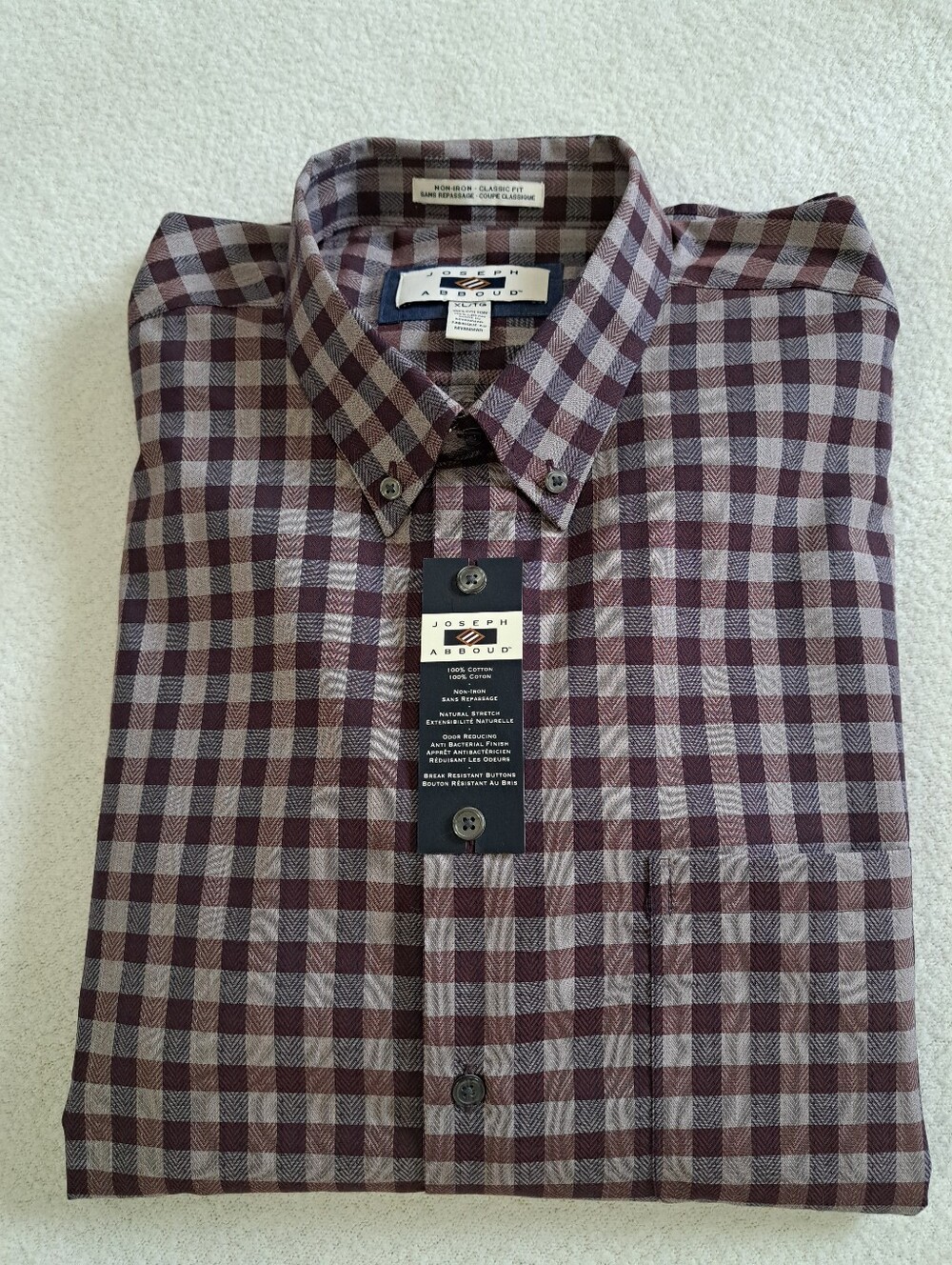 Joseph Abboud Button Down Shirt Size XL Plaid Purple Cotton Non Iron Classic Fit